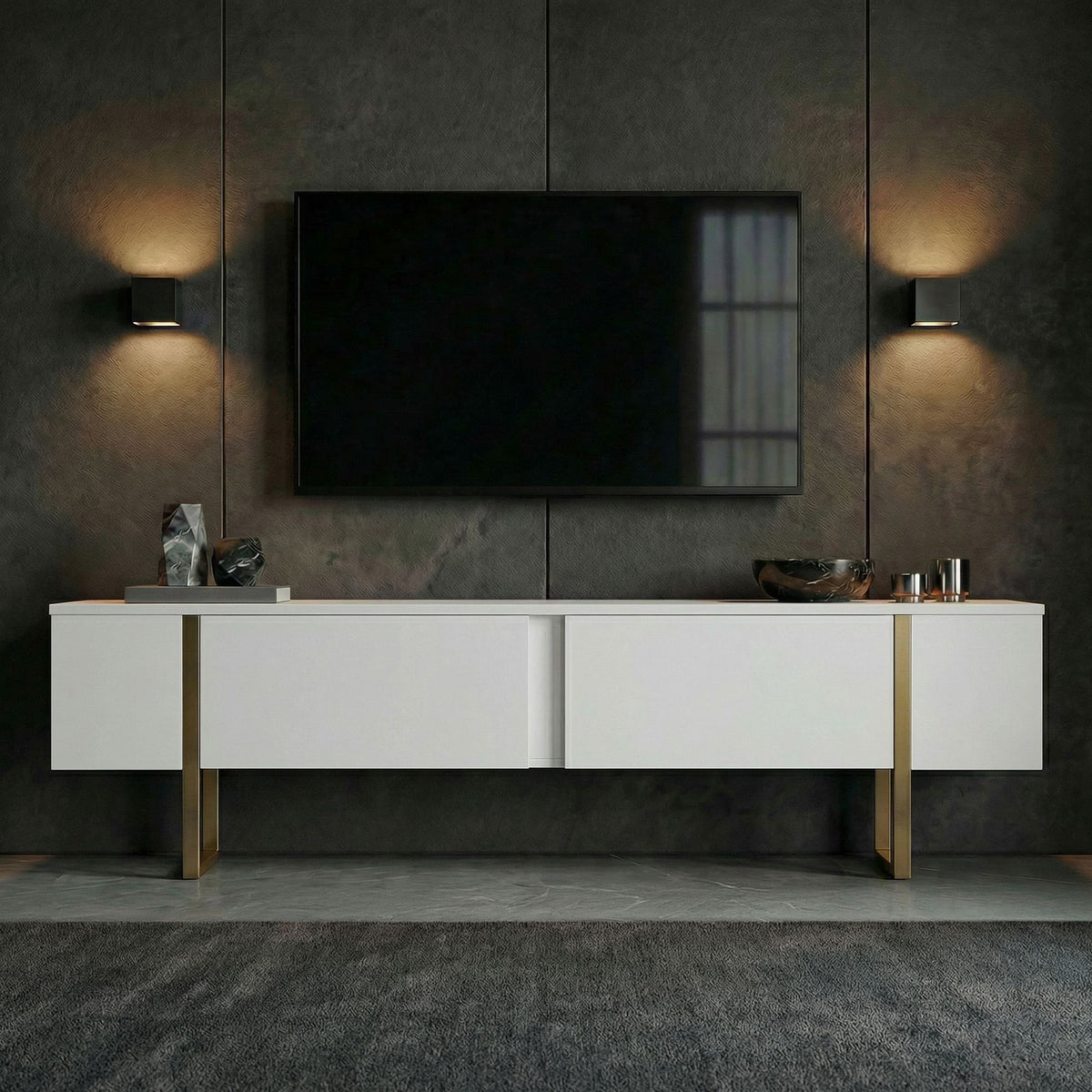Έπιπλο Τηλεόρασης Seralia Λευκό - Χρυσό 180x30x50 εκ. Μελαμίνης - Pakobazaar