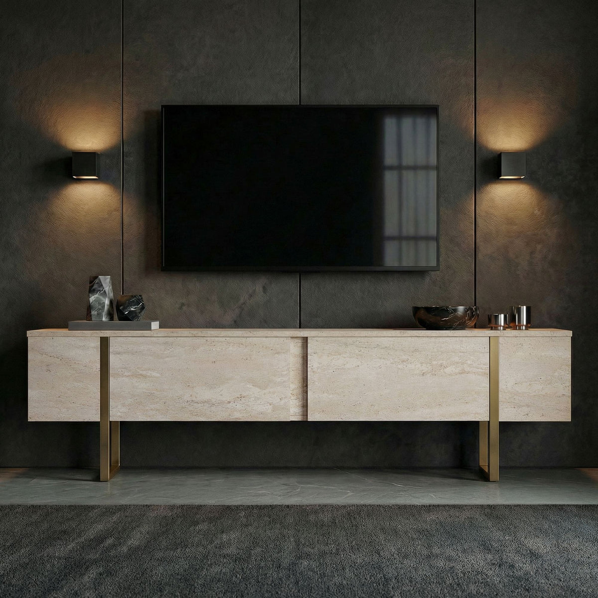 Έπιπλο Τηλεόρασης Seralia Travertine - Χρυσό 180x30x50 εκ. Μελαμίνης