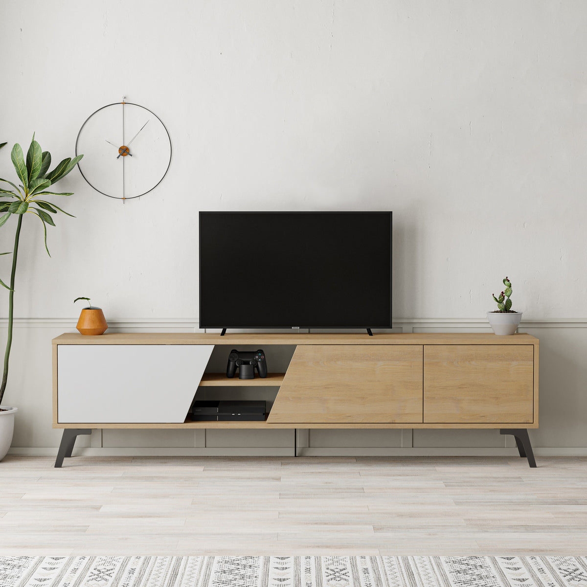 Έπιπλο Τηλεόρασης Xanthi Με Soft-Close Δρυς - Λευκό 180x35.6x48 εκ. Μελαμίνης - Pakobazaar