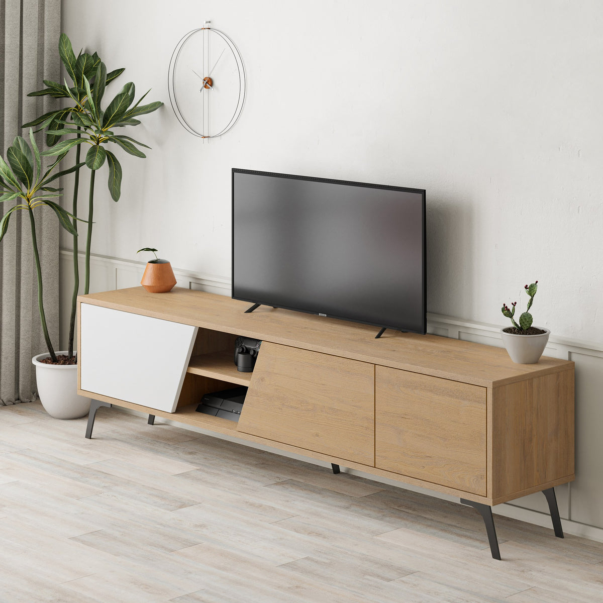 Έπιπλο Τηλεόρασης Xanthi Με Soft-Close Δρυς - Λευκό 180x35.6x48 εκ. Μελαμίνης - Pakobazaar