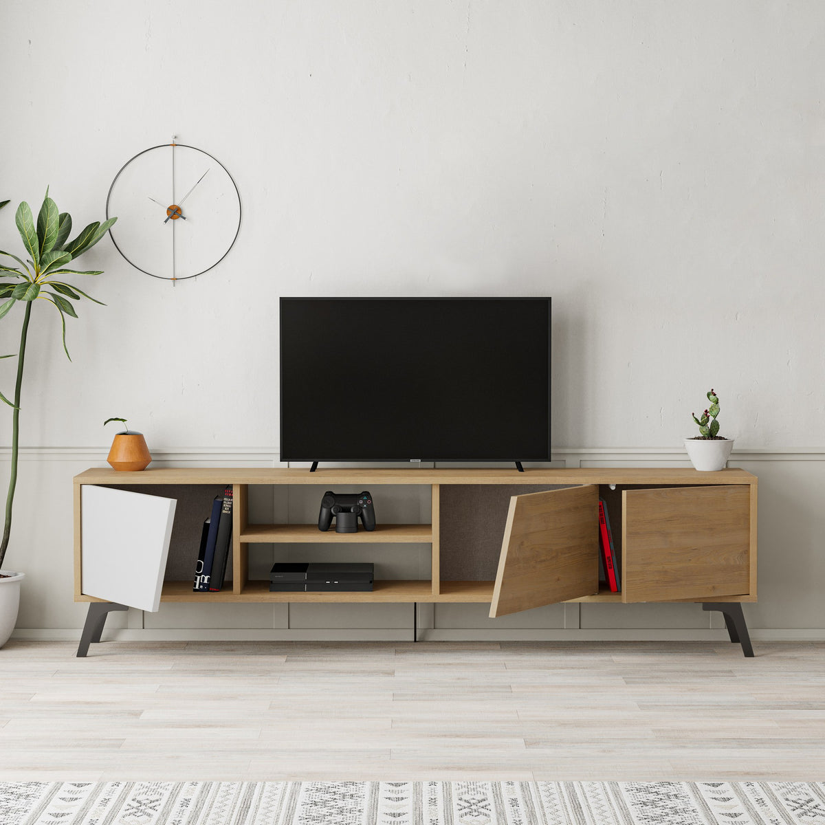 Έπιπλο Τηλεόρασης Xanthi Με Soft-Close Δρυς - Λευκό 180x35.6x48 εκ. Μελαμίνης - Pakobazaar