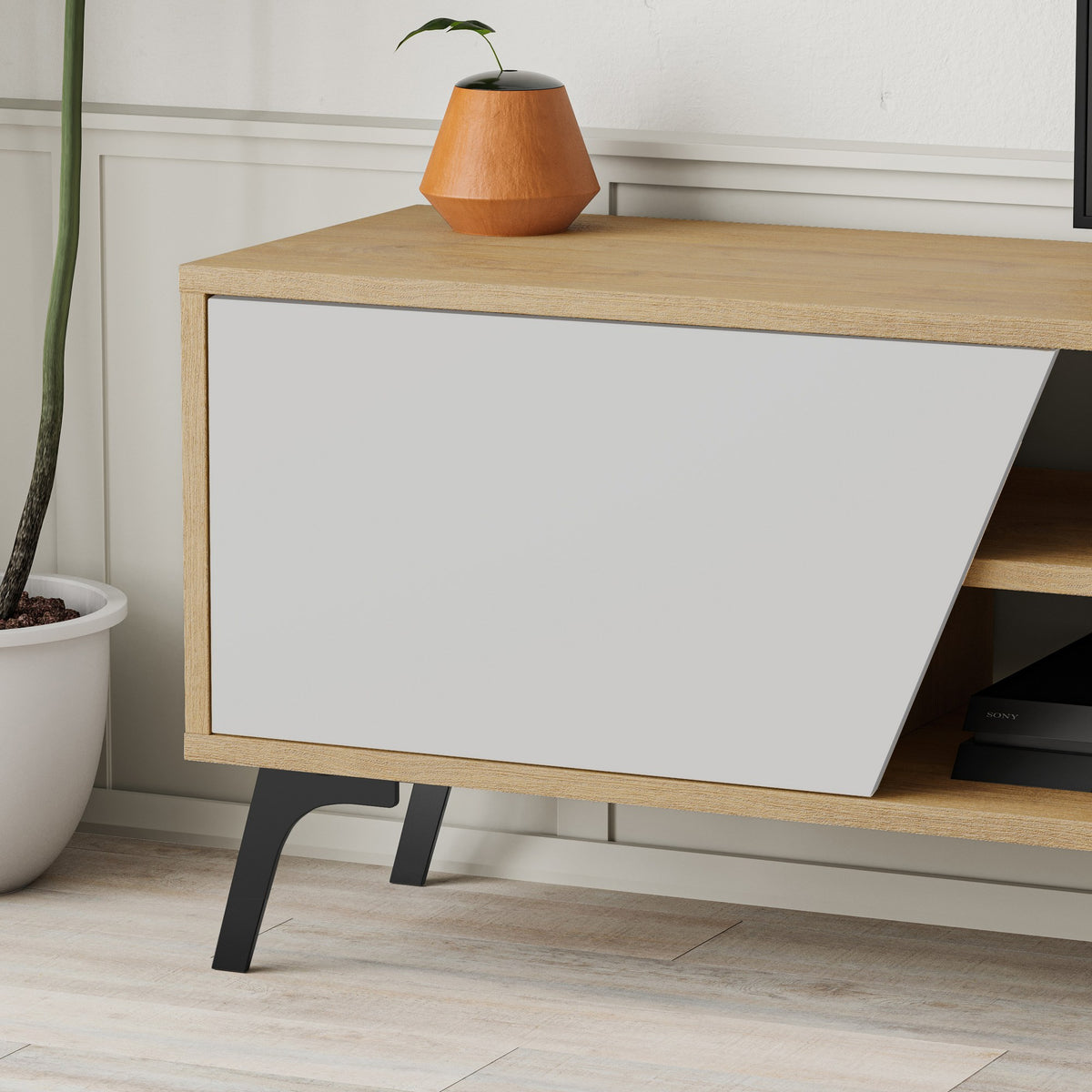 Έπιπλο Τηλεόρασης Xanthi Με Soft-Close Δρυς - Λευκό 180x35.6x48 εκ. Μελαμίνης - Pakobazaar