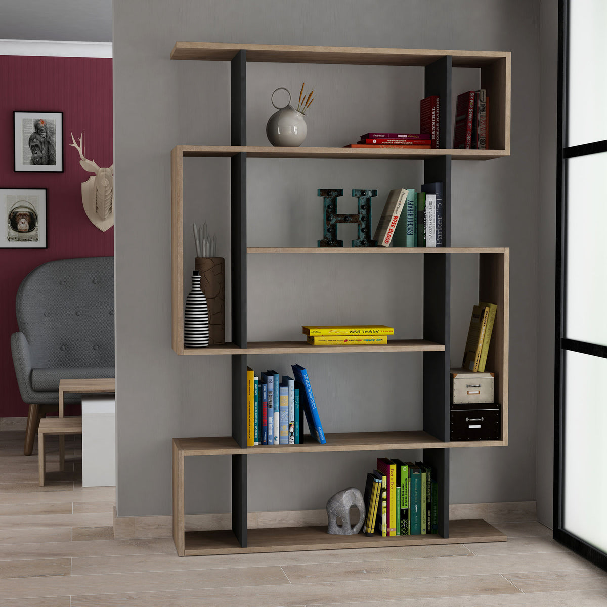 Βιβλιοθήκη Kannela Δρυς Sonoma - Ανθρακί 110x25.5x161 εκ. Μελαμίνης - Pakobazaar