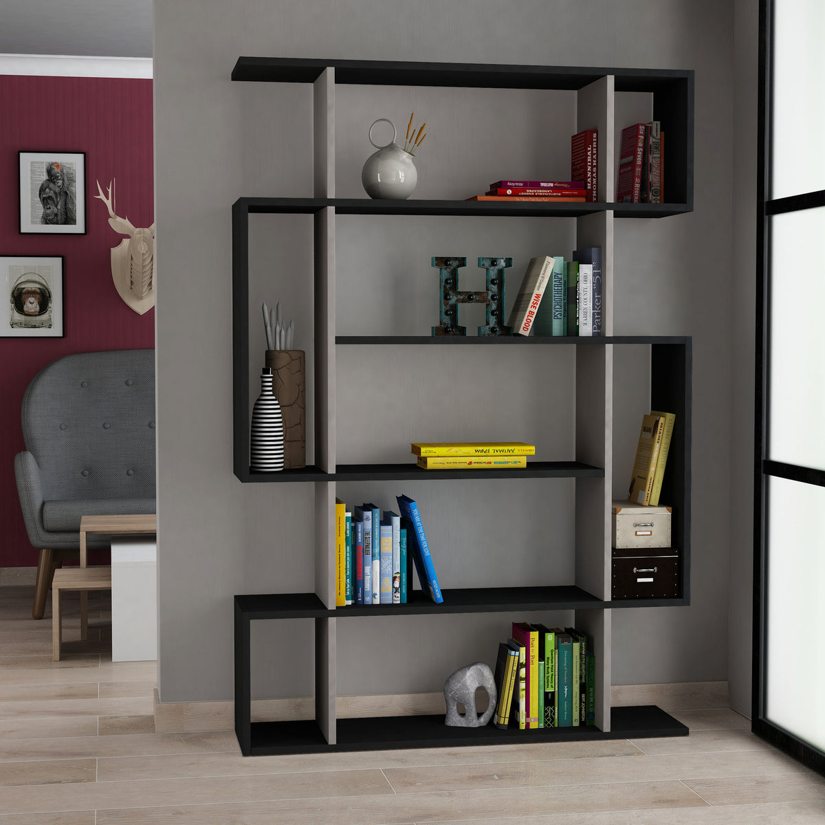 Βιβλιοθήκη Kannela Ανθρακί - Ανοιχτό Καφέ 110x25.5x161 εκ. Μελαμίνης