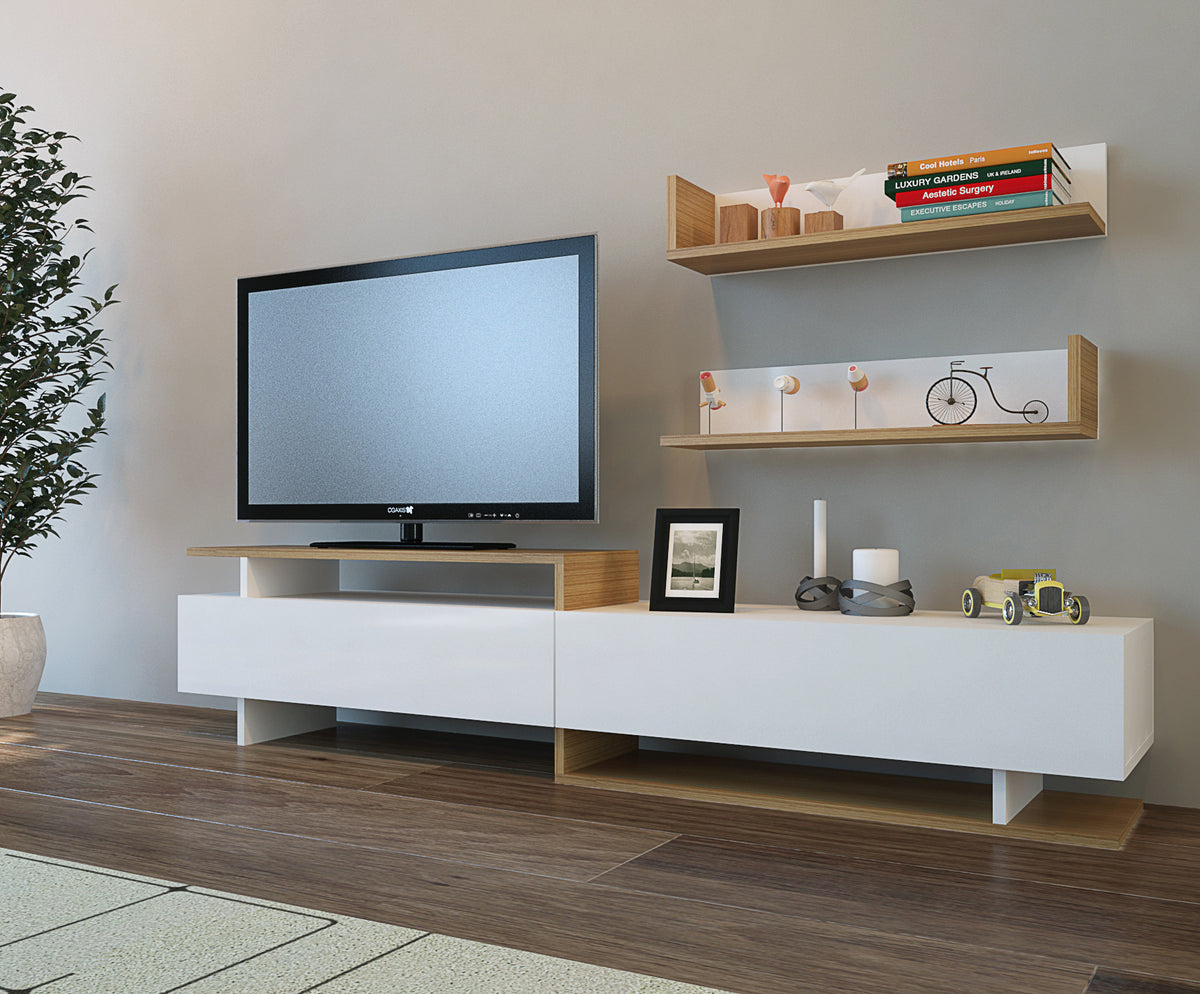 Σύνθεση Τηλεόρασης Ochthia Λευκό - Teak 180x37.4x40 εκ. Μελαμίνης