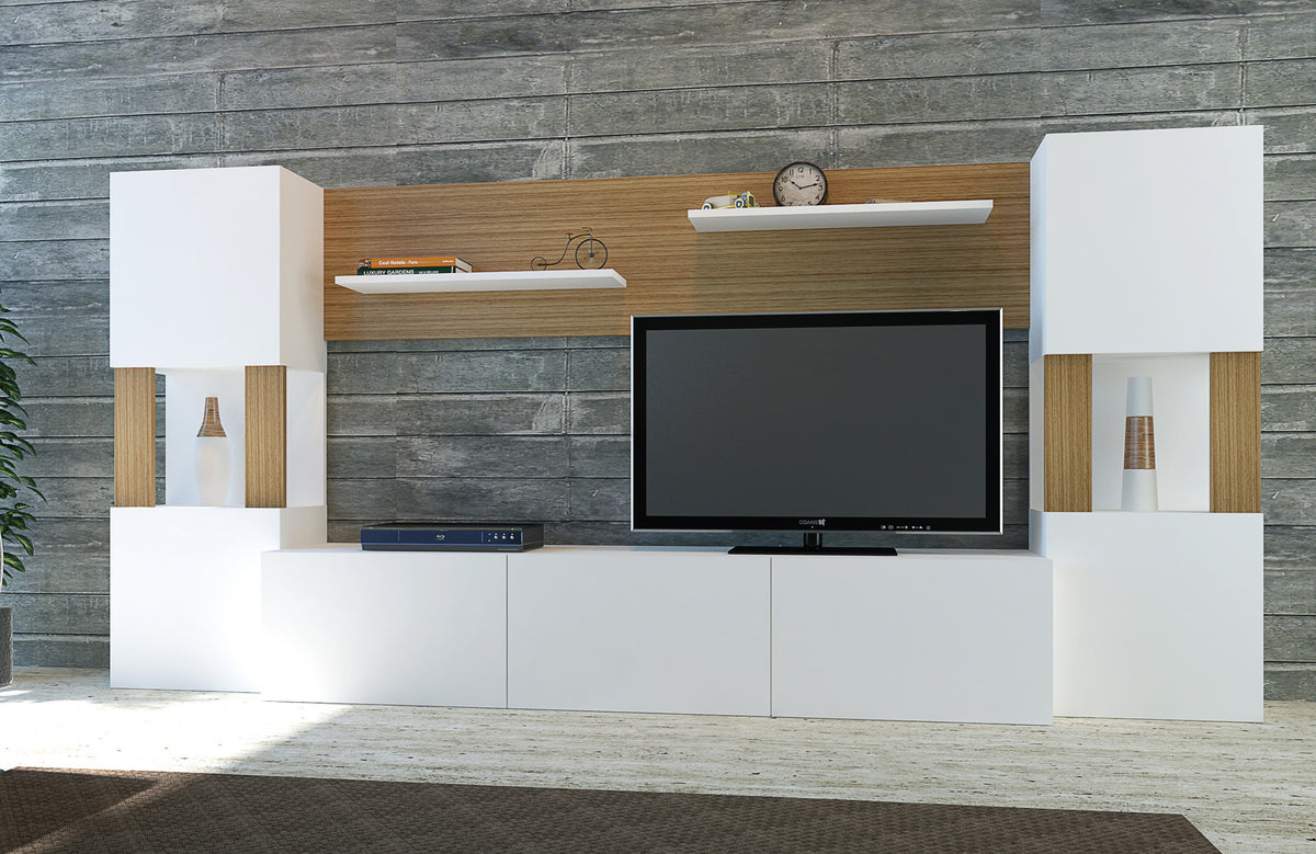 Σύνθεση Τηλεόρασης Ramia Λευκό - Teak 160x31.5x125 εκ. Μελαμίνης