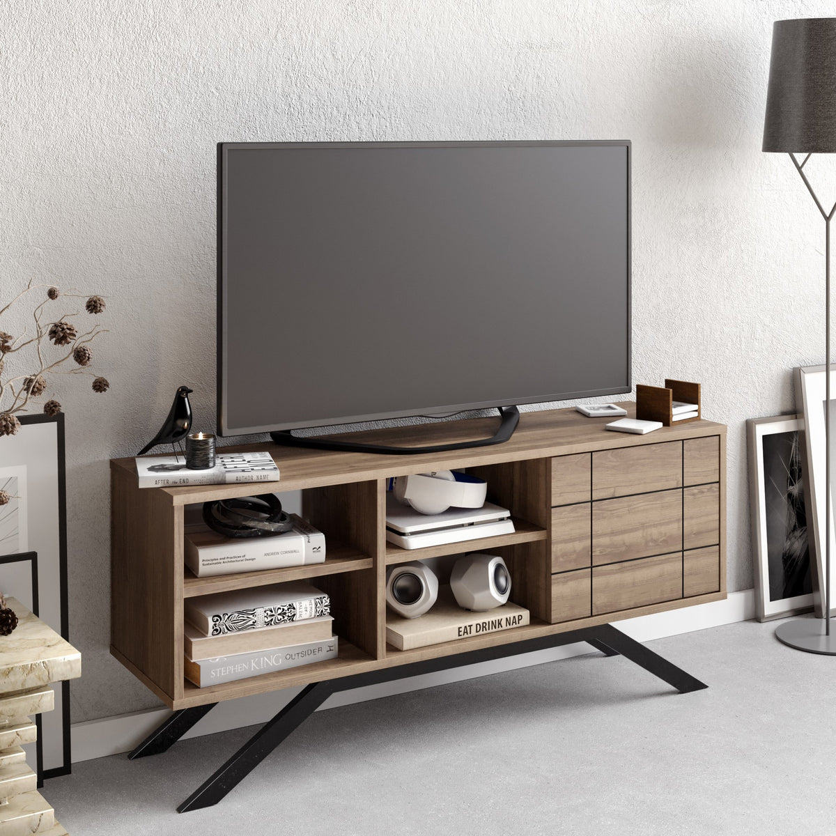 Έπιπλο Τηλεόρασης Prasiai Μαύρο - Καρυδί 130x58.6x38.6 εκ. Μελαμίνης