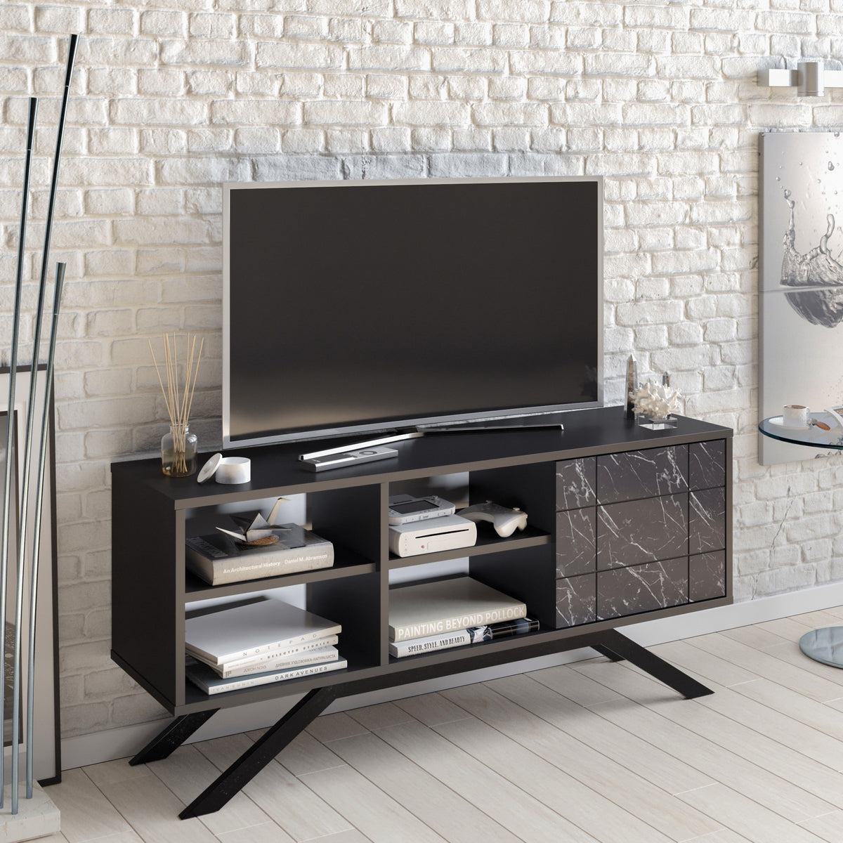 Έπιπλο Τηλεόρασης Prasiai Μαύρο 130x58.6x38.6 εκ. Μελαμίνης