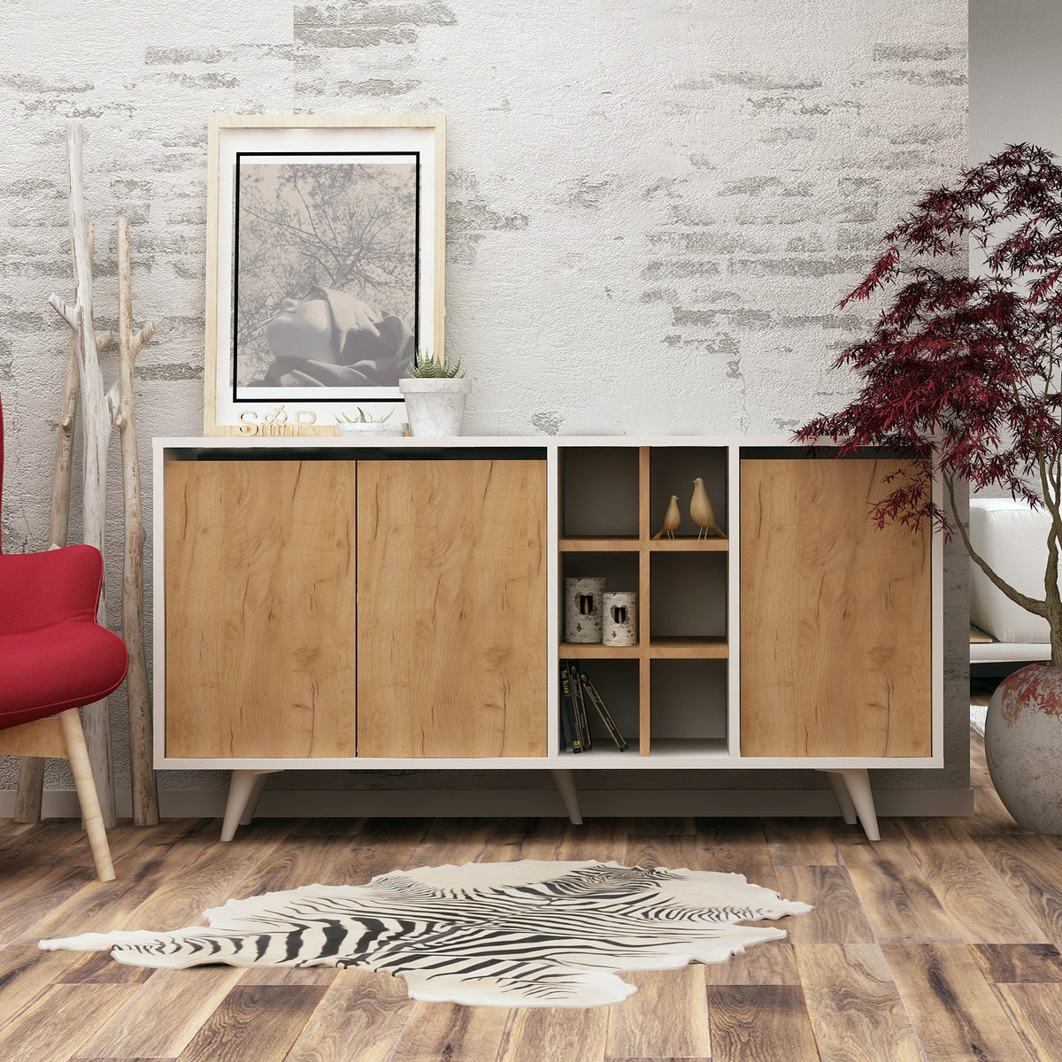 Κονσόλα Achladokampos Με Ράφια Δρυς - Λευκό 140x40x86 εκ. Μελαμίνης - Pakobazaar