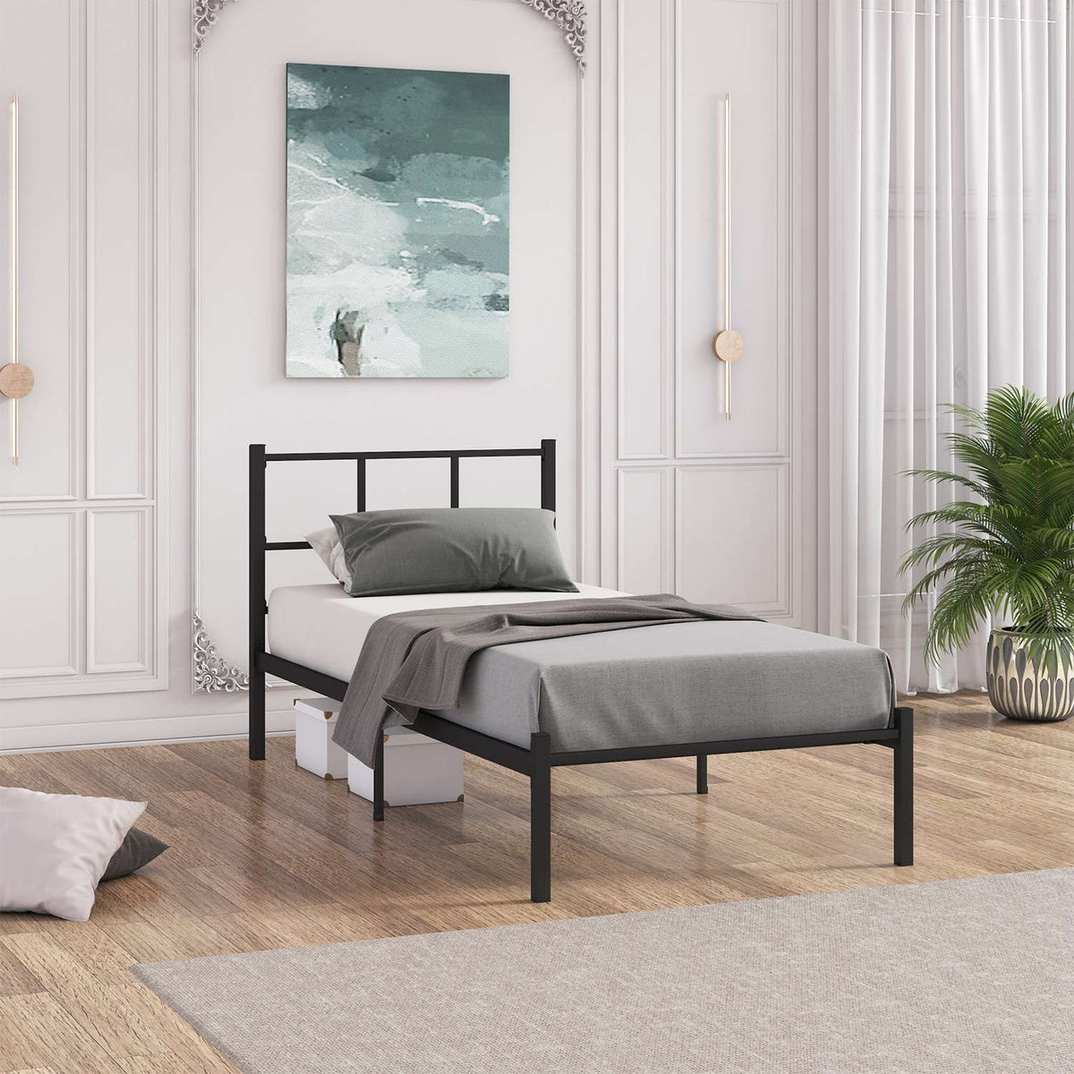 Μονό Κρεβάτι Neochori Μεταλλικό Μαύρο 90x190x85 εκ. Μετάλλου