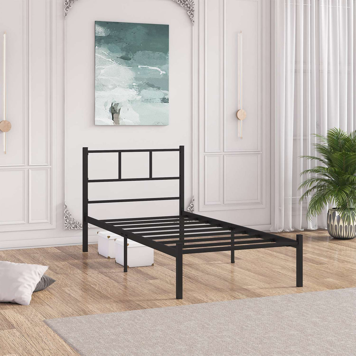 Μονό Κρεβάτι Neochori Μεταλλικό Μαύρο 90x190x85 εκ. Μετάλλου