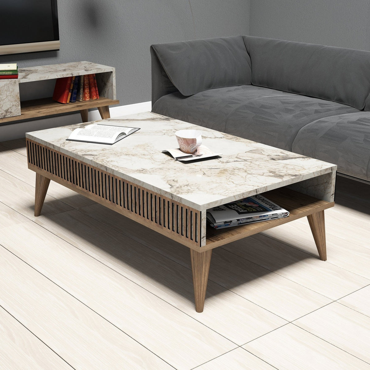 Τραπεζάκι Σαλονιού Plastira Καρυδί - Λευκό 105x60x34.6 εκ. Μελαμίνης - Pakobazaar