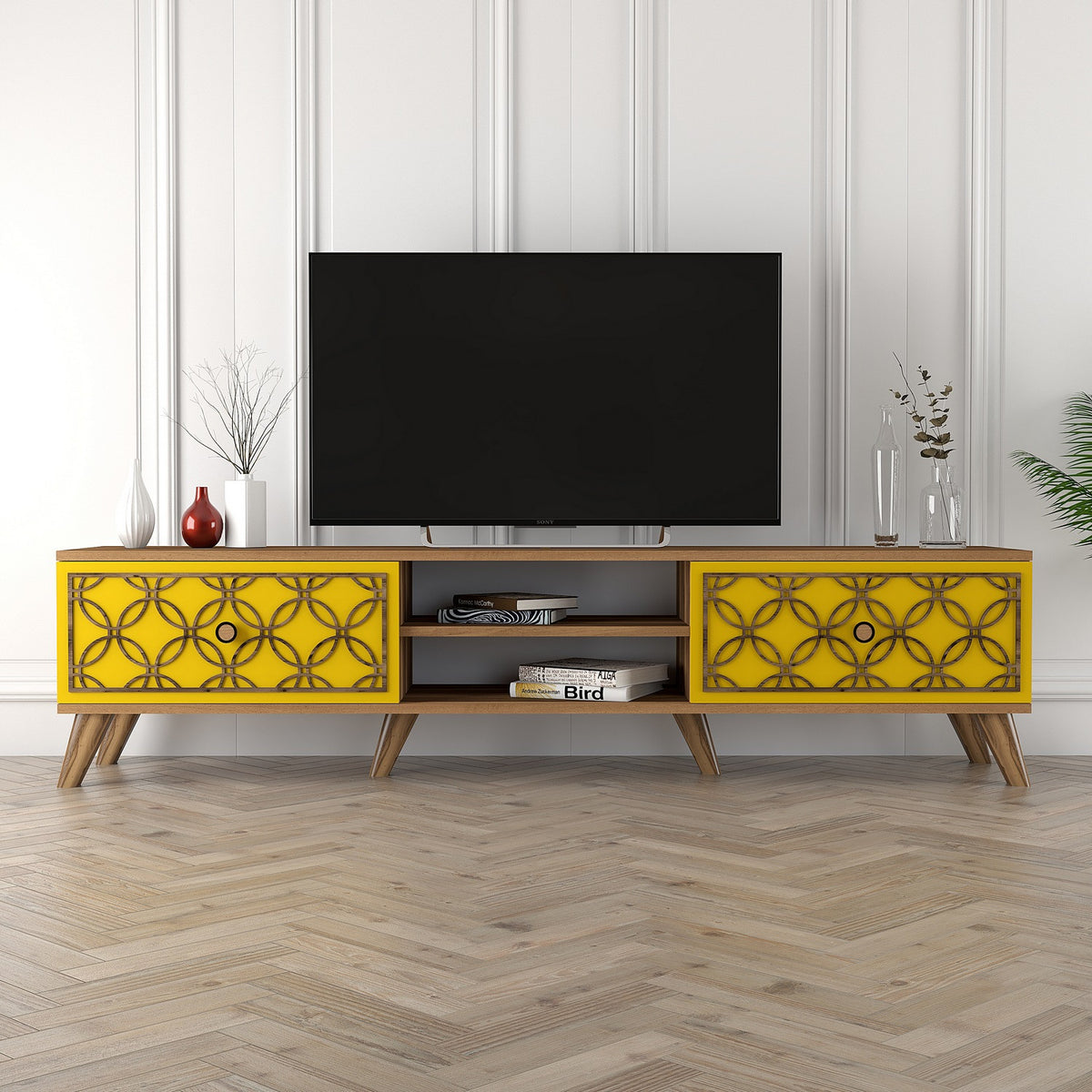 Έπιπλο Τηλεόρασης Plomari Καρυδί - Κίτρινο 180x35x44 εκ. Μελαμίνης