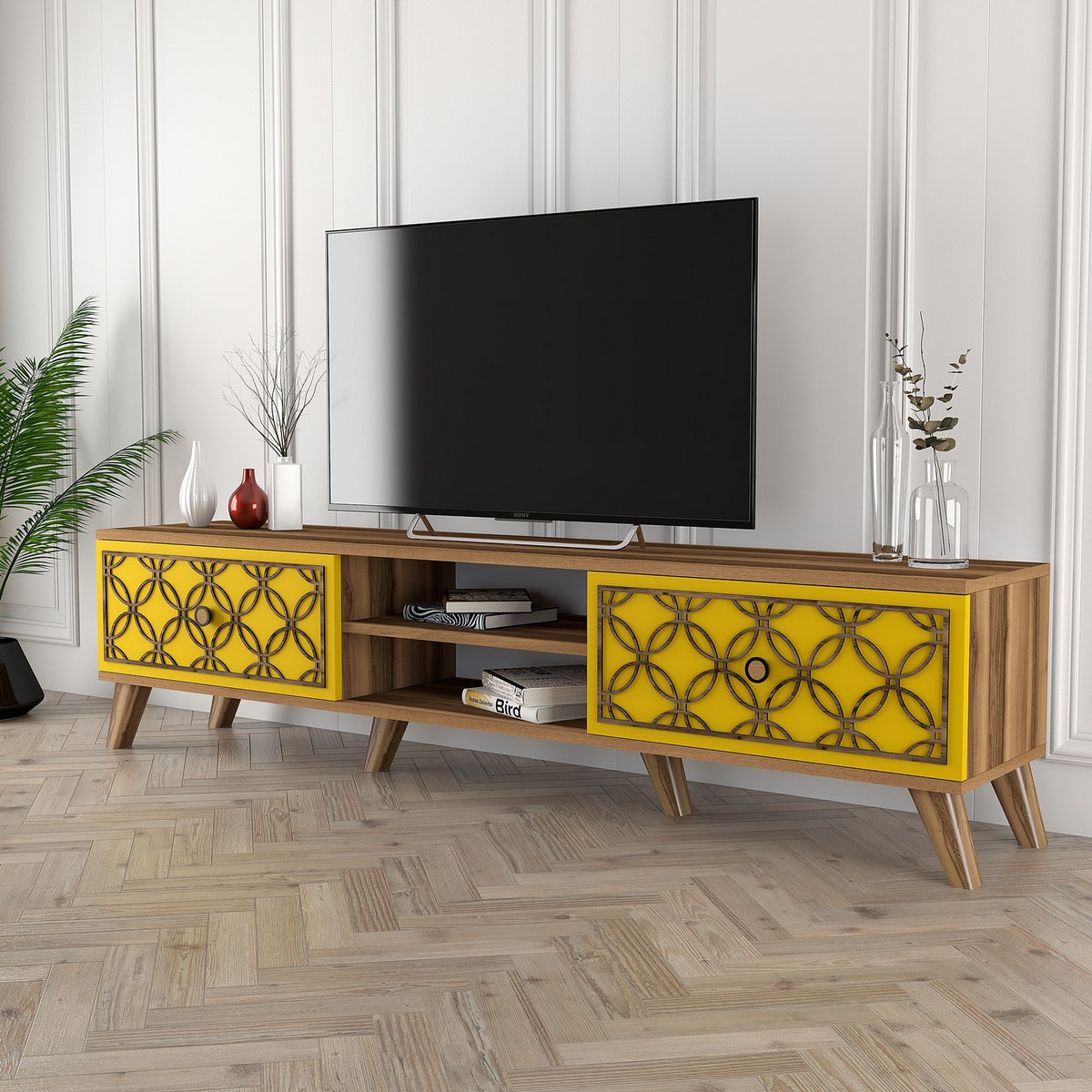 Έπιπλο Τηλεόρασης Plomari Καρυδί - Κίτρινο 180x35x44 εκ. Μελαμίνης