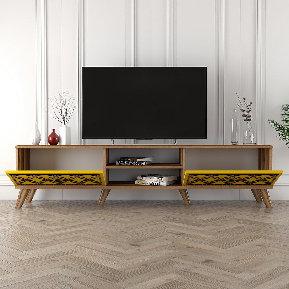 Έπιπλο Τηλεόρασης Plomari Καρυδί - Κίτρινο 180x35x44 εκ. Μελαμίνης