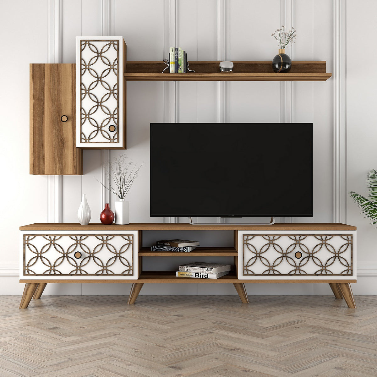 Σύνθεση Τηλεόρασης Polichrono Καρυδί - Λευκό 180x35x44 εκ. Μελαμίνης
