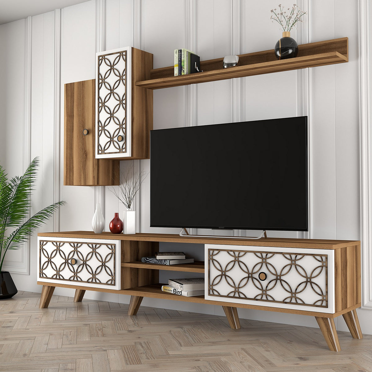 Σύνθεση Τηλεόρασης Polichrono Καρυδί - Λευκό 180x35x44 εκ. Μελαμίνης