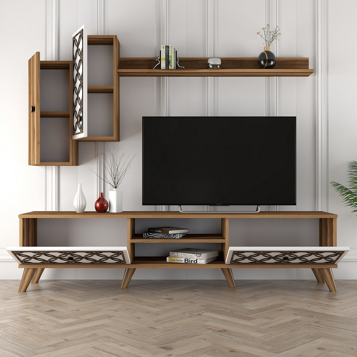 Σύνθεση Τηλεόρασης Polichrono Καρυδί - Λευκό 180x35x44 εκ. Μελαμίνης