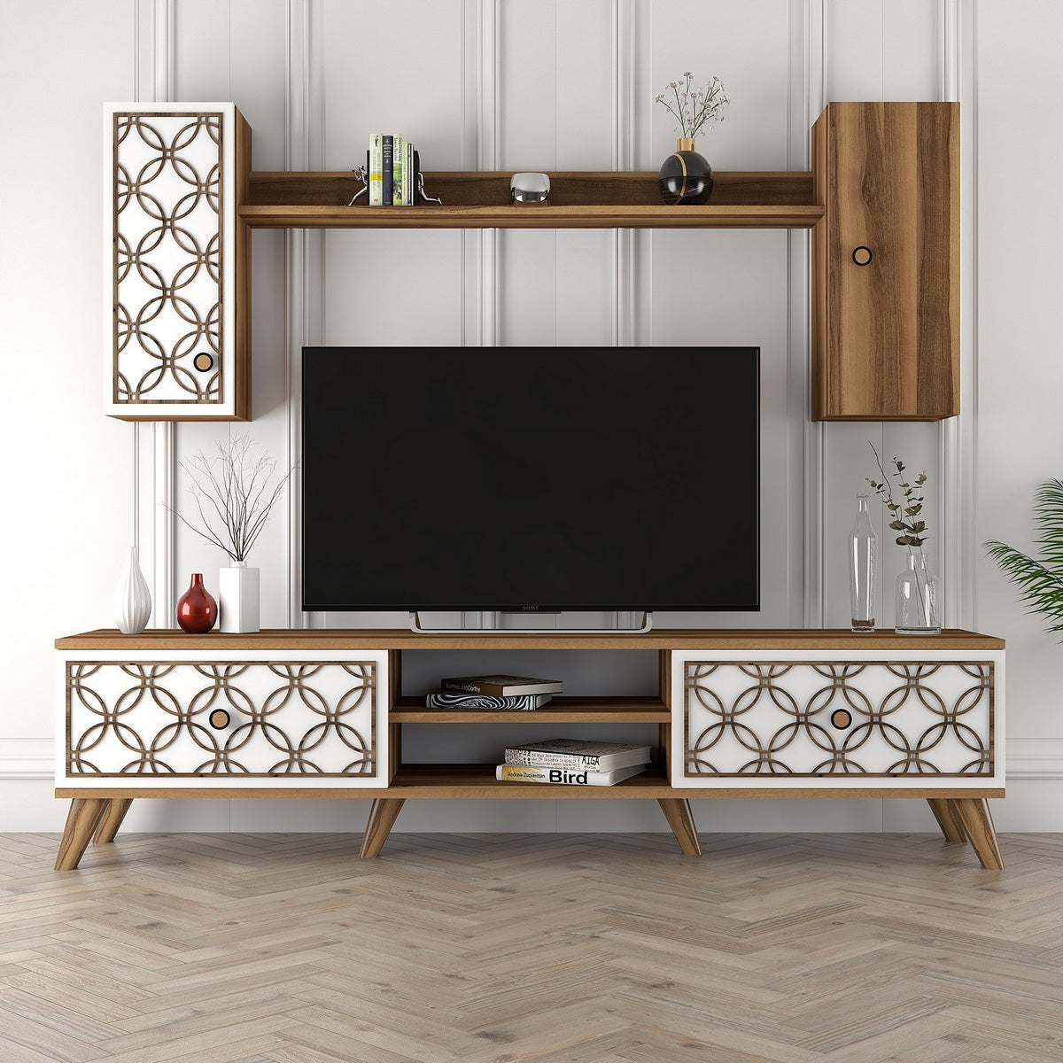 Σύνθεση Τηλεόρασης Polichrono Καρυδί - Λευκό 180x35x44 εκ. Μελαμίνης