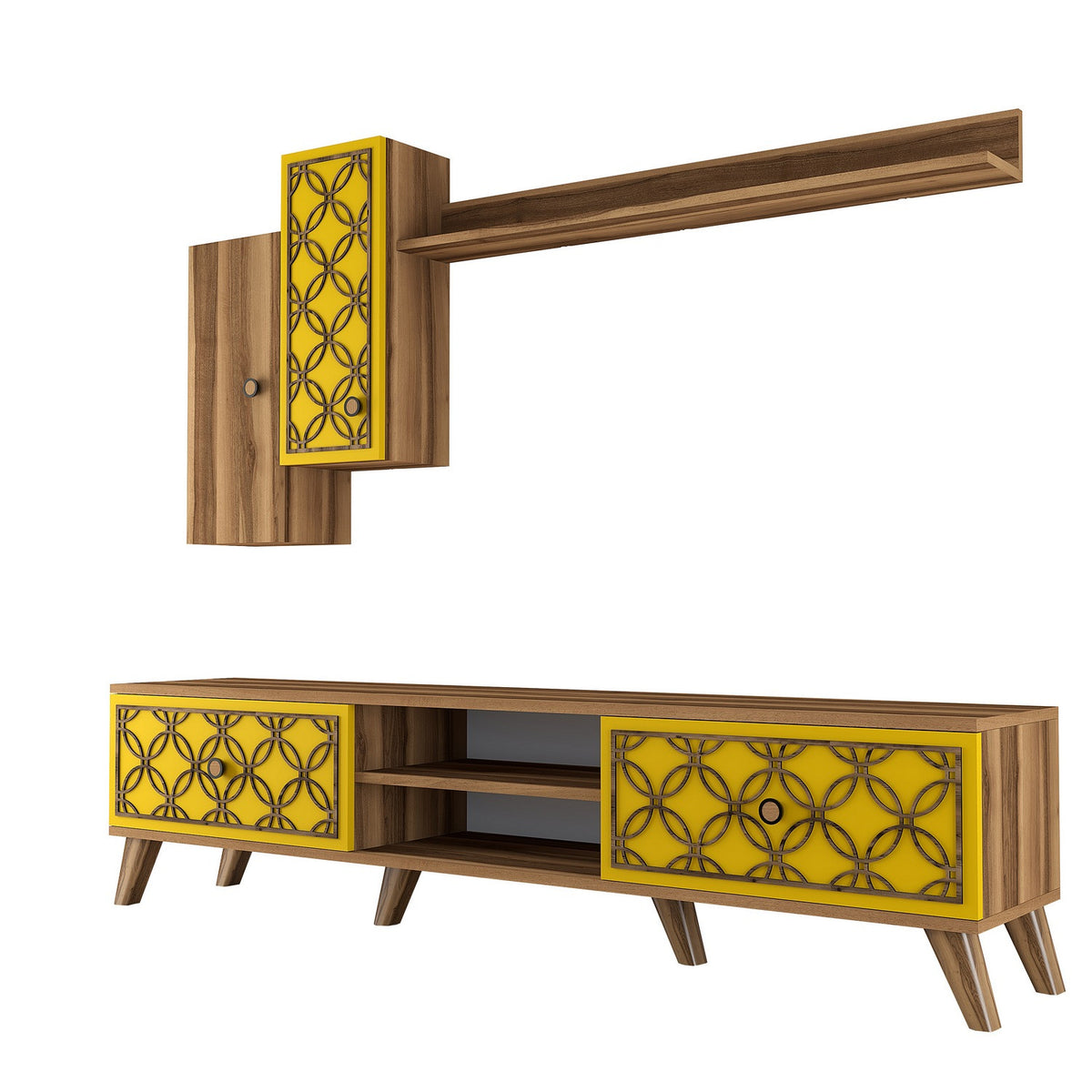 Σύνθεση Τηλεόρασης Polichrono Καρυδί - Κίτρινο 180x35x44 εκ. Μελαμίνης