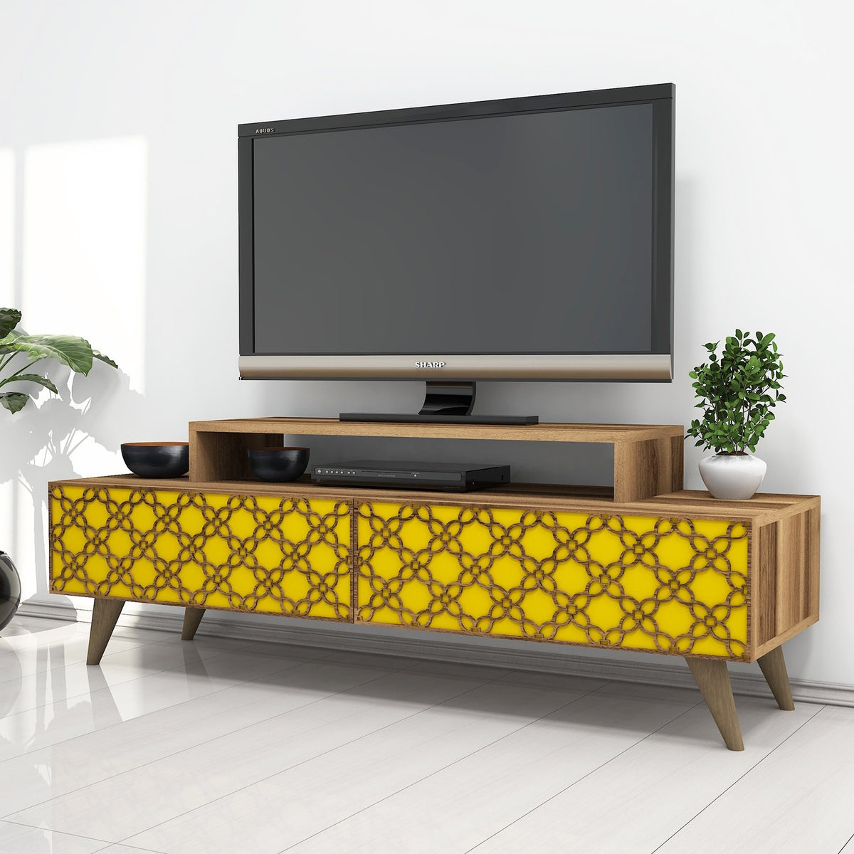 Έπιπλο Τηλεόρασης Lithakia Καρυδί - Κίτρινο 140x41.8x48.8 εκ. Μελαμίνης