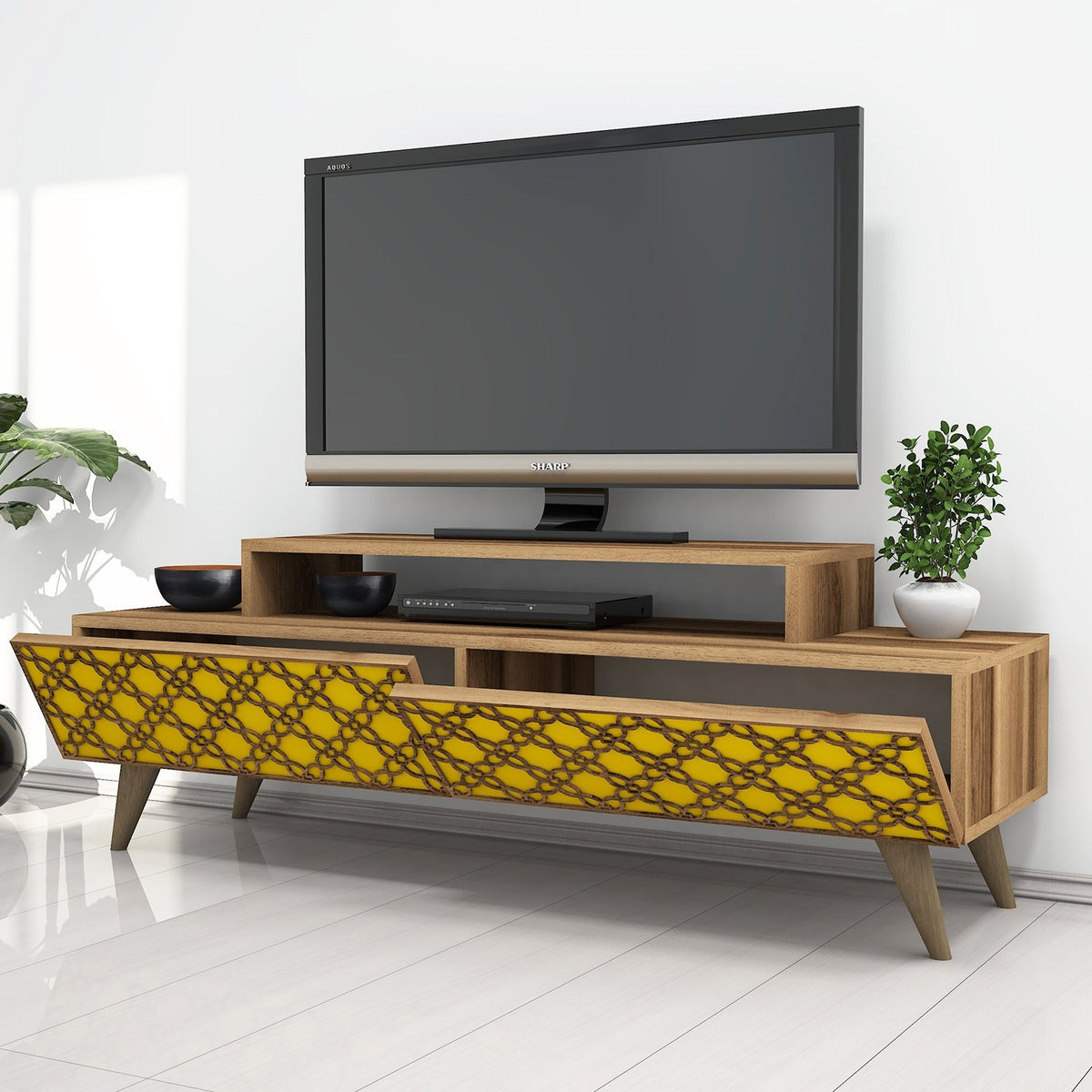 Έπιπλο Τηλεόρασης Lithakia Καρυδί - Κίτρινο 140x41.8x48.8 εκ. Μελαμίνης