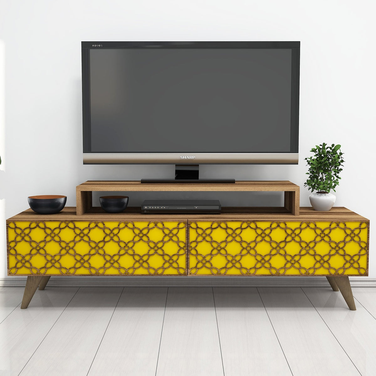 Έπιπλο Τηλεόρασης Lithakia Καρυδί - Κίτρινο 140x41.8x48.8 εκ. Μελαμίνης