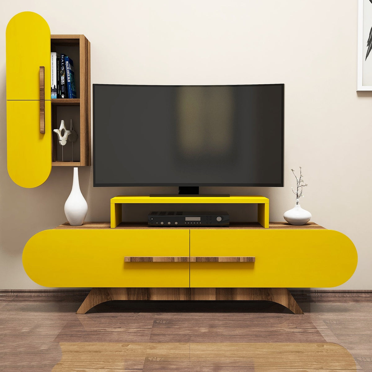 Σύνθεση Τηλεόρασης Smixi Καρυδί - Κίτρινο 145x36.8x49.8 εκ. Μελαμίνης - Pakobazaar