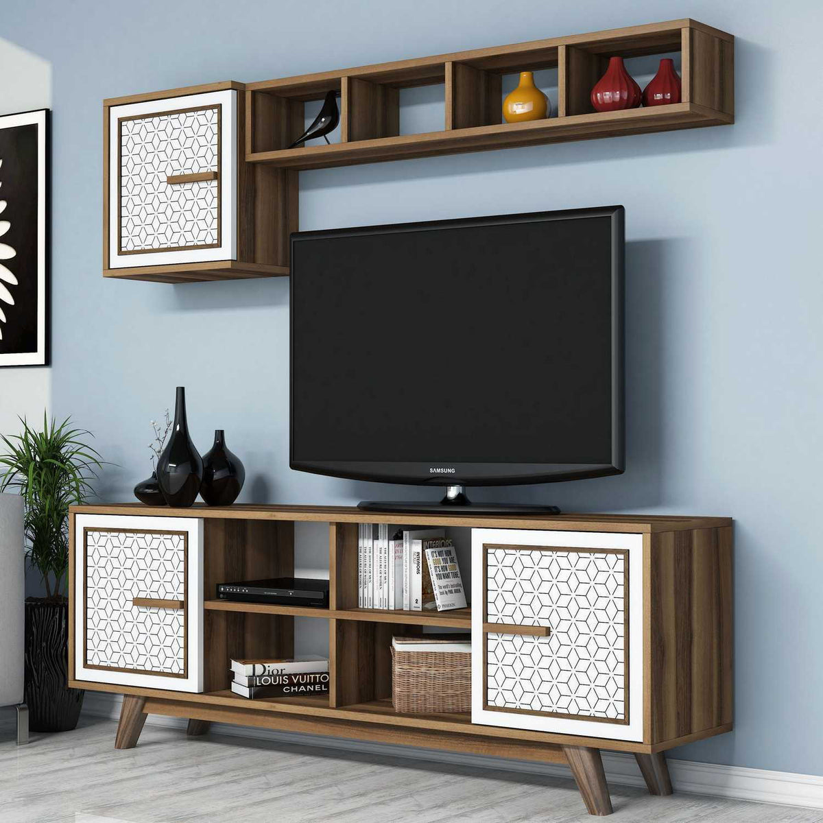 Σύνθεση Τηλεόρασης Kastellos Καρυδί - Λευκό 160x35x56.2 εκ. Μελαμίνης - Pakobazaar