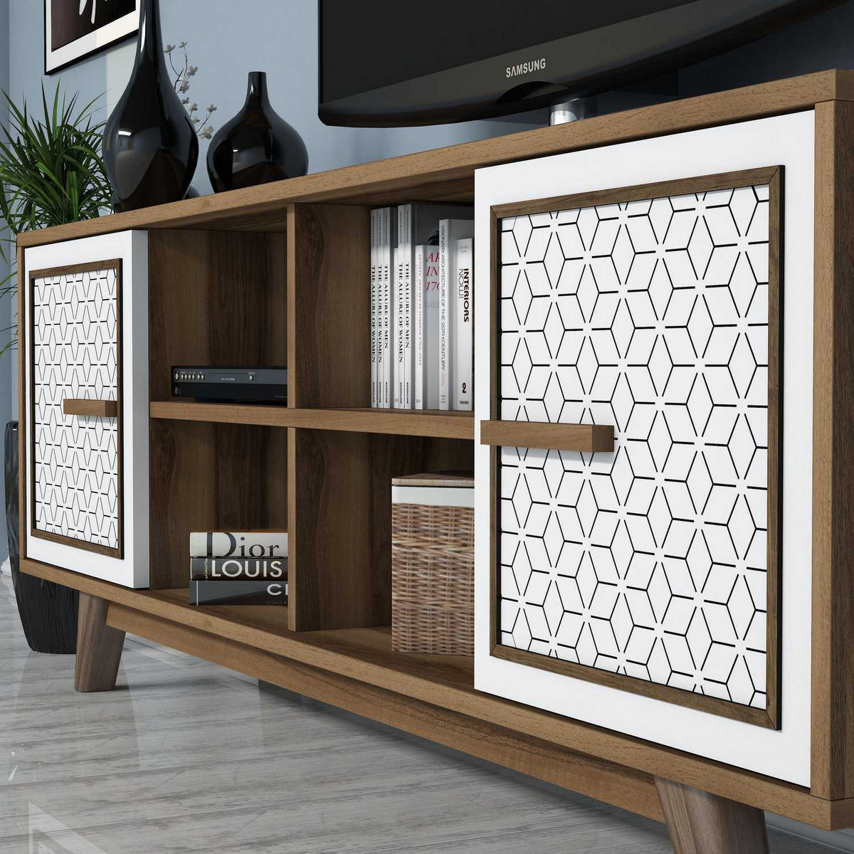 Σύνθεση Τηλεόρασης Kastellos Καρυδί - Λευκό 160x35x56.2 εκ. Μελαμίνης - Pakobazaar