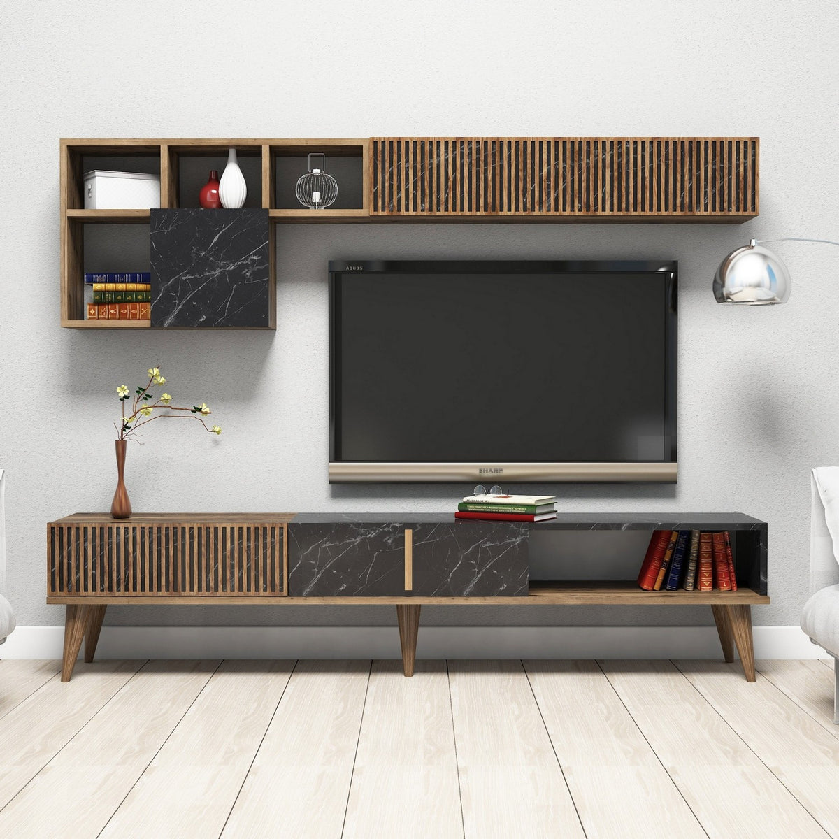Σύνθεση Τηλεόρασης Plastira Καρυδί - Μαύρο 180x35x40 εκ. Μελαμίνης - Pakobazaar