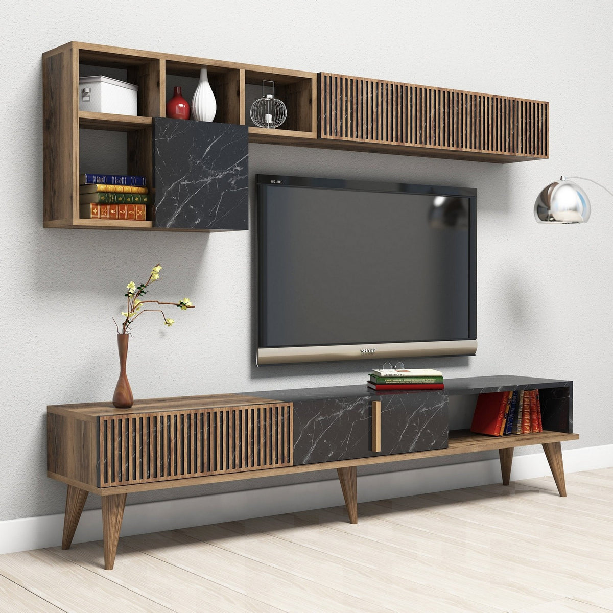 Σύνθεση Τηλεόρασης Plastira Καρυδί - Μαύρο 180x35x40 εκ. Μελαμίνης - Pakobazaar