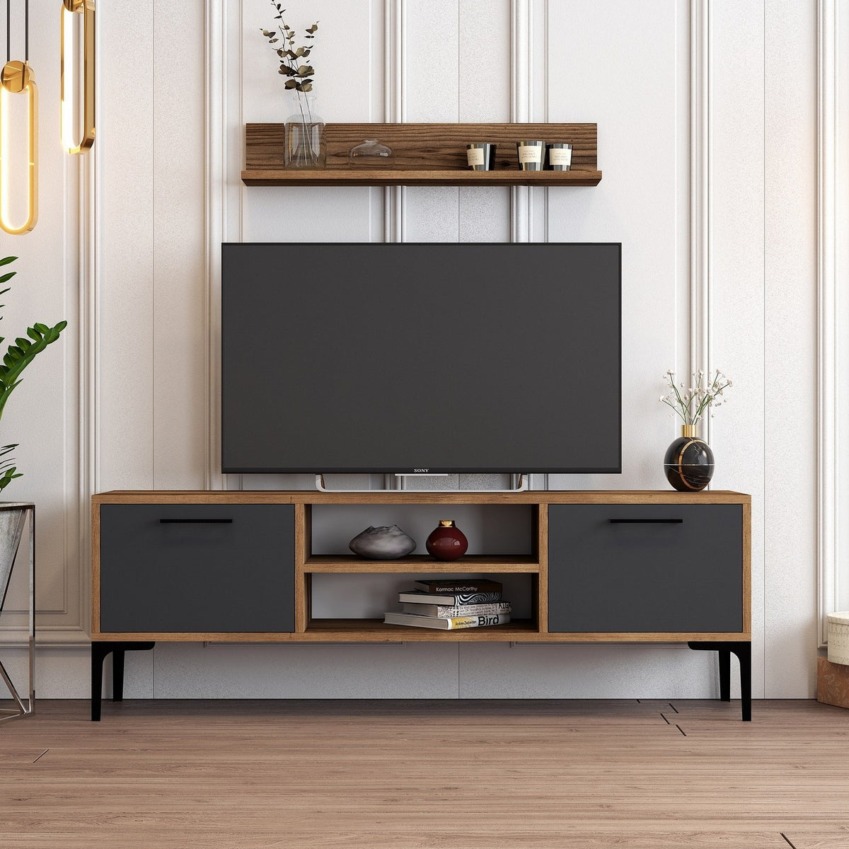 Σύνθεση Τηλεόρασης Nagos Καρυδί - Ανθρακί 140x30x48 εκ. Μελαμίνης