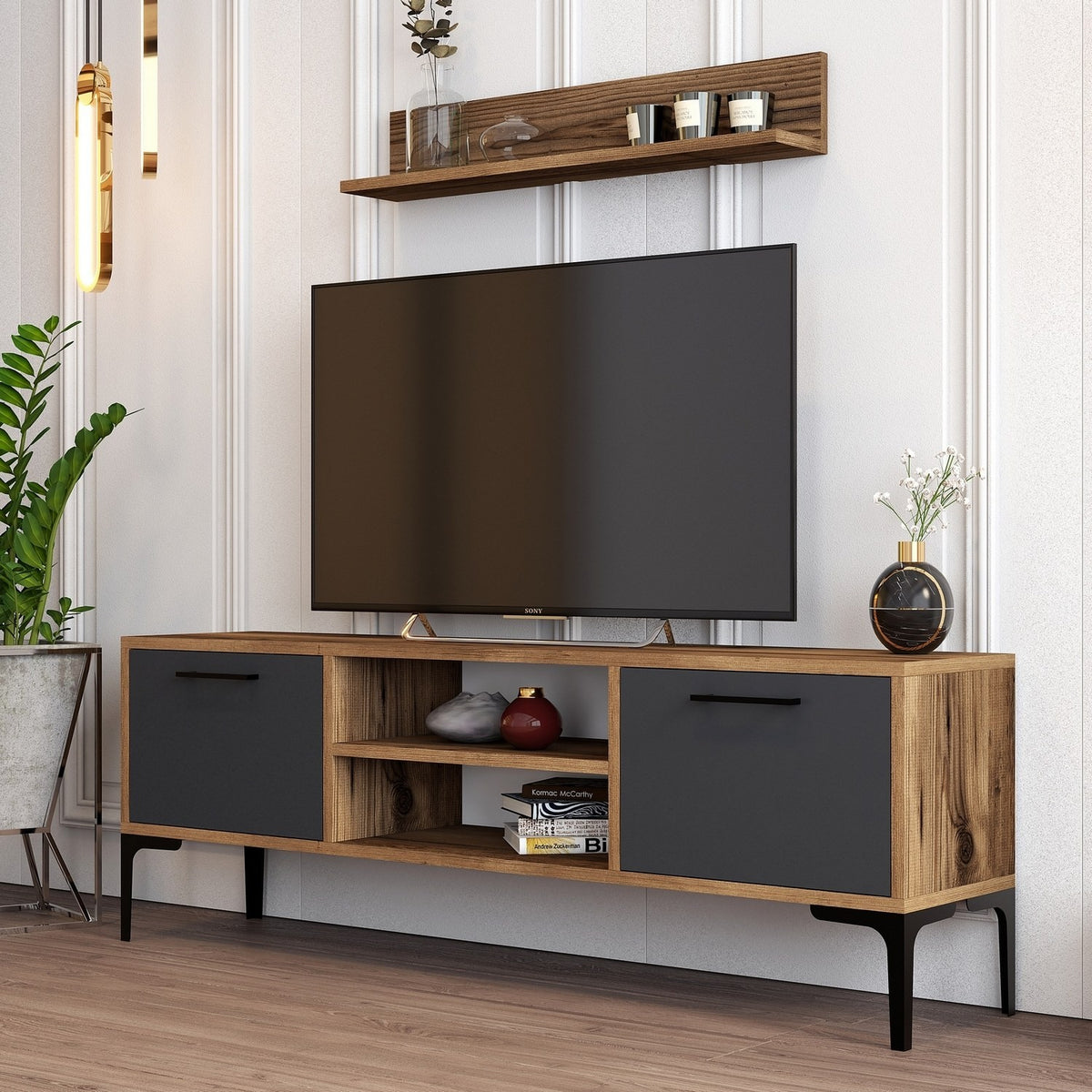 Σύνθεση Τηλεόρασης Nagos Καρυδί - Ανθρακί 140x30x48 εκ. Μελαμίνης
