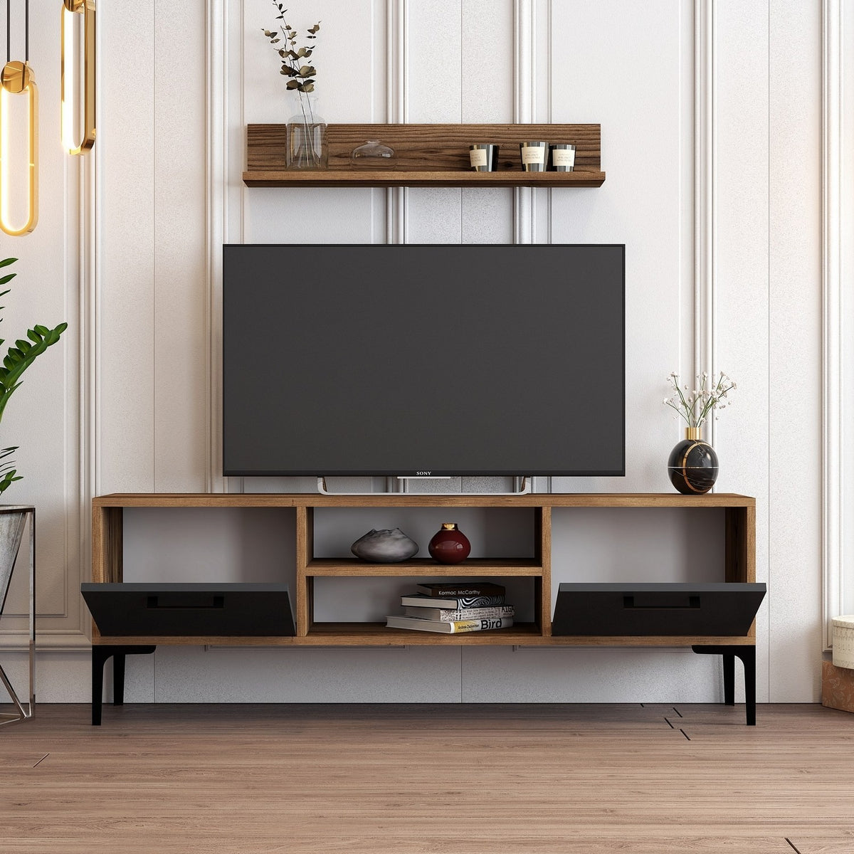 Σύνθεση Τηλεόρασης Nagos Καρυδί - Ανθρακί 140x30x48 εκ. Μελαμίνης
