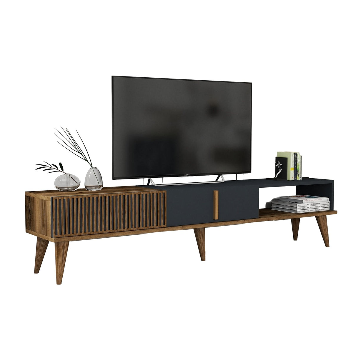 Έπιπλο Τηλεόρασης Plastira Με Ράφια Καρυδί - Ανθρακί 180x35x40 εκ. Μελαμίνης