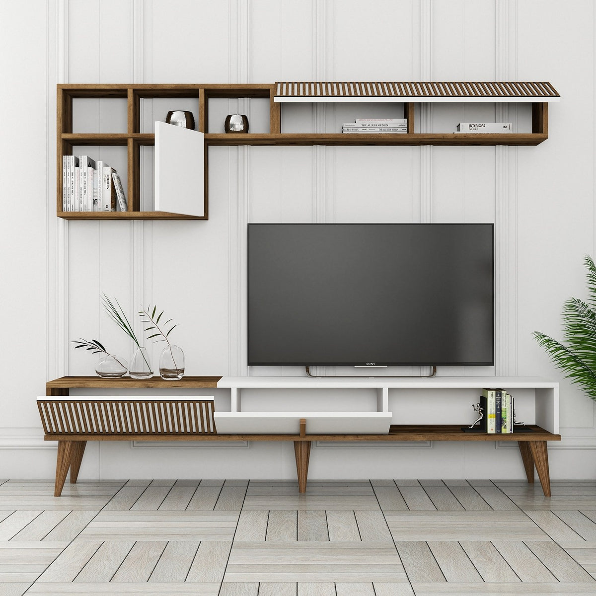 Σύνθεση Τηλεόρασης Plastira Καρυδί - Λευκό 180x35x40 εκ. Μελαμίνης