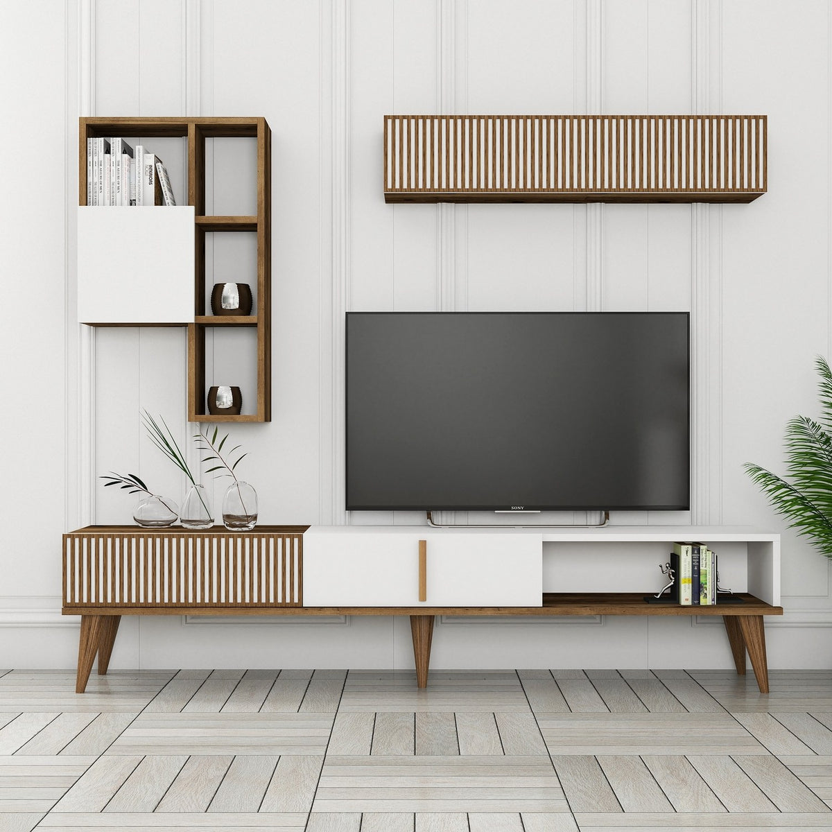 Σύνθεση Τηλεόρασης Plastira Καρυδί - Λευκό 180x35x40 εκ. Μελαμίνης