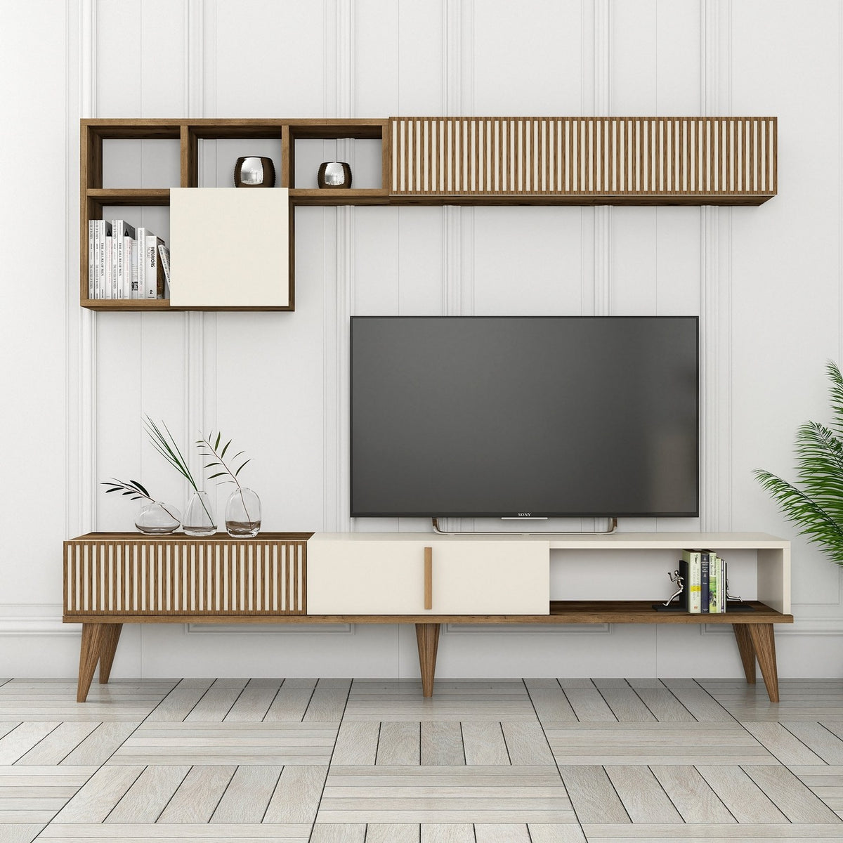 Σύνθεση Τηλεόρασης Plastira Καρυδί - Κρεμ 180x35x40 εκ. Μελαμίνης