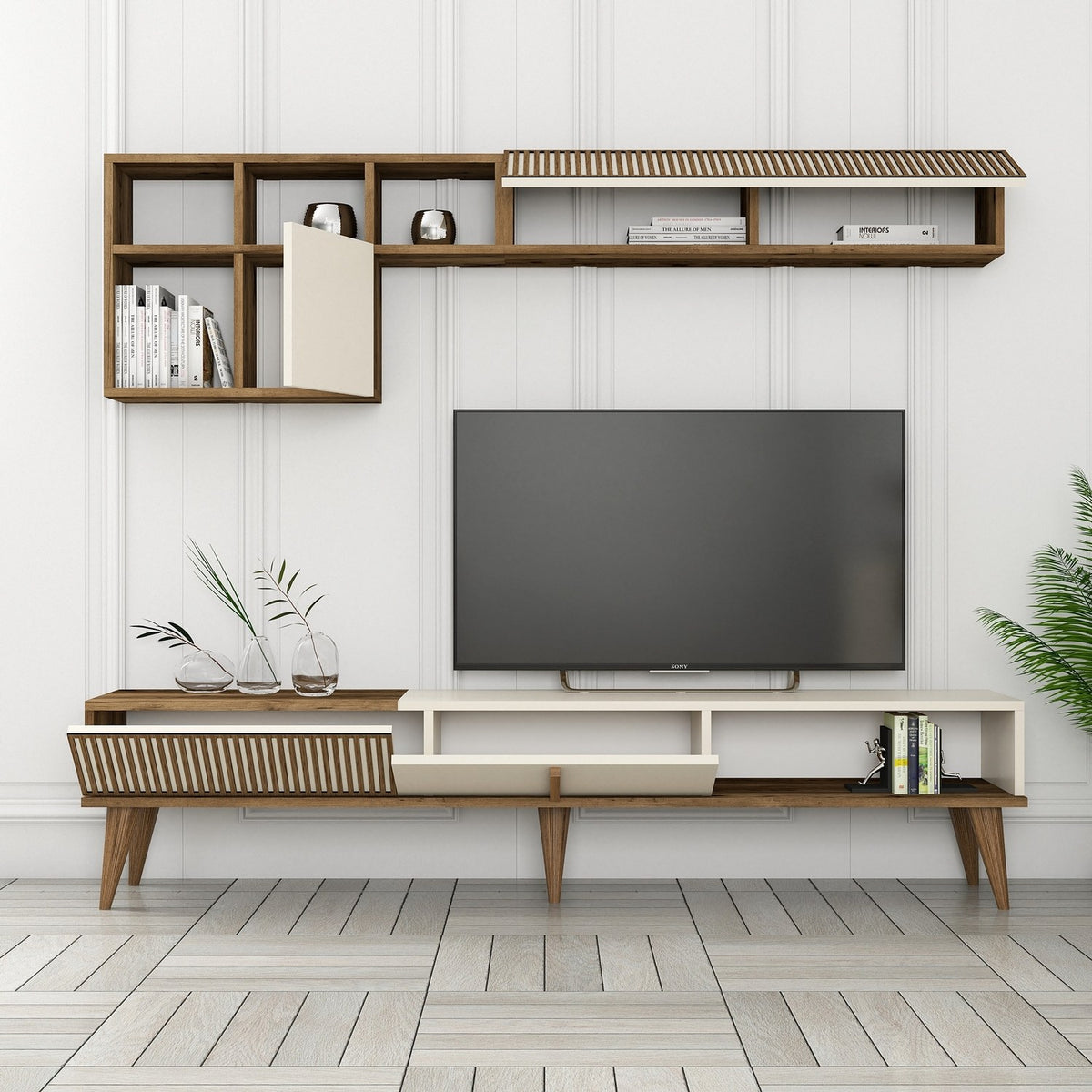 Σύνθεση Τηλεόρασης Plastira Καρυδί - Κρεμ 180x35x40 εκ. Μελαμίνης