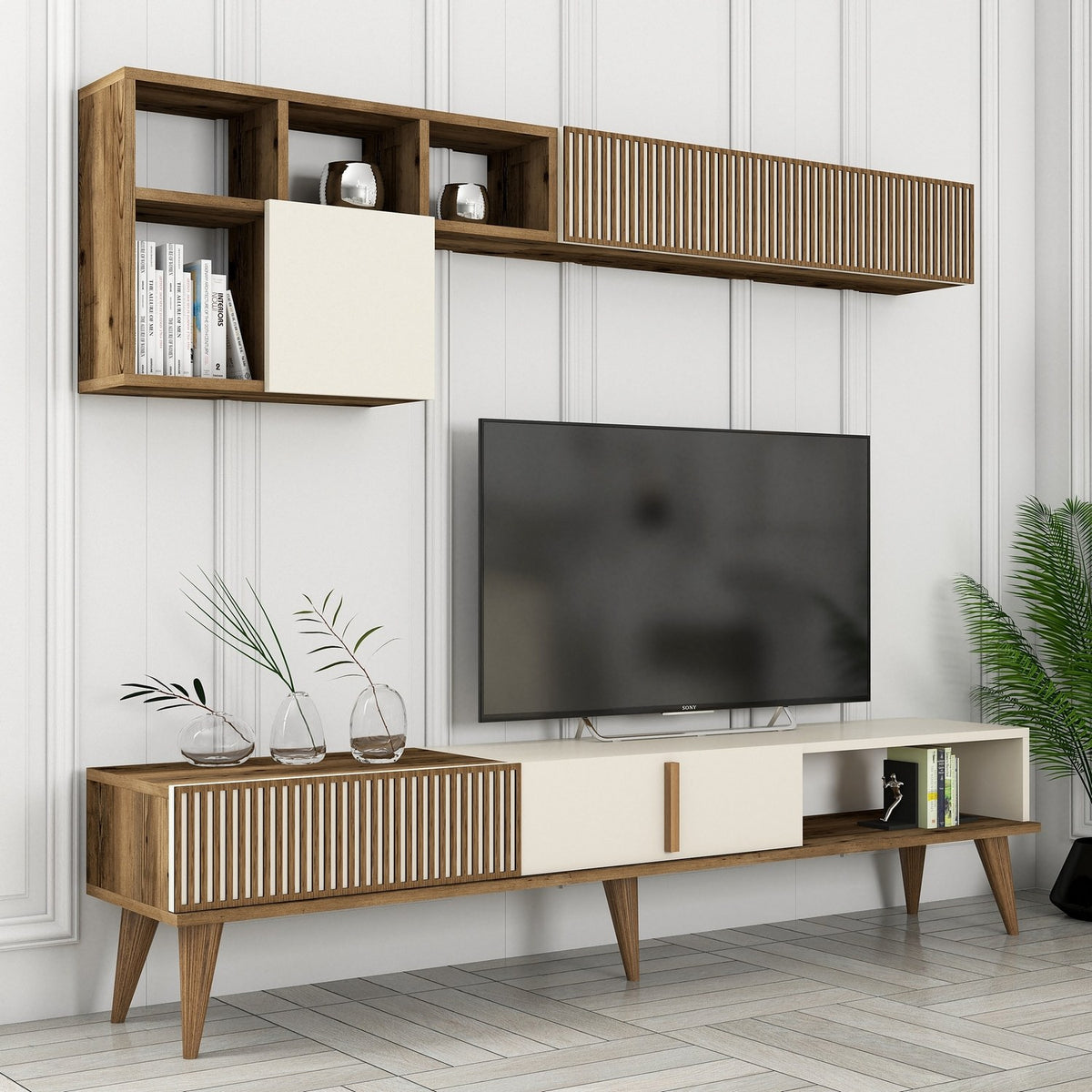 Σύνθεση Τηλεόρασης Plastira Καρυδί - Κρεμ 180x35x40 εκ. Μελαμίνης