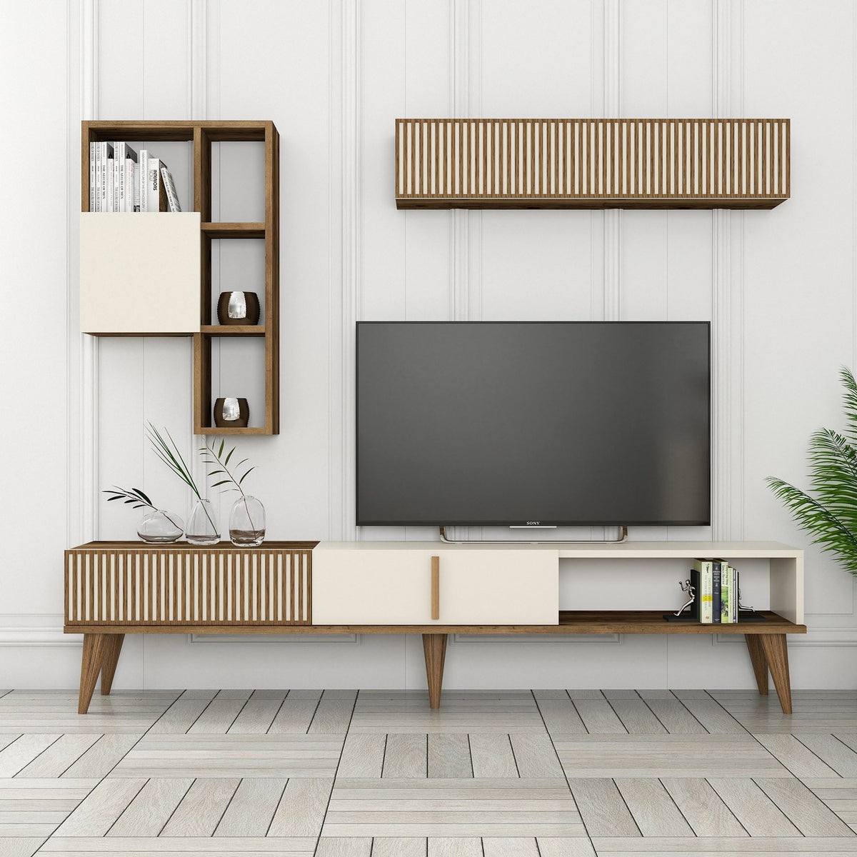Σύνθεση Τηλεόρασης Plastira Καρυδί - Κρεμ 180x35x40 εκ. Μελαμίνης