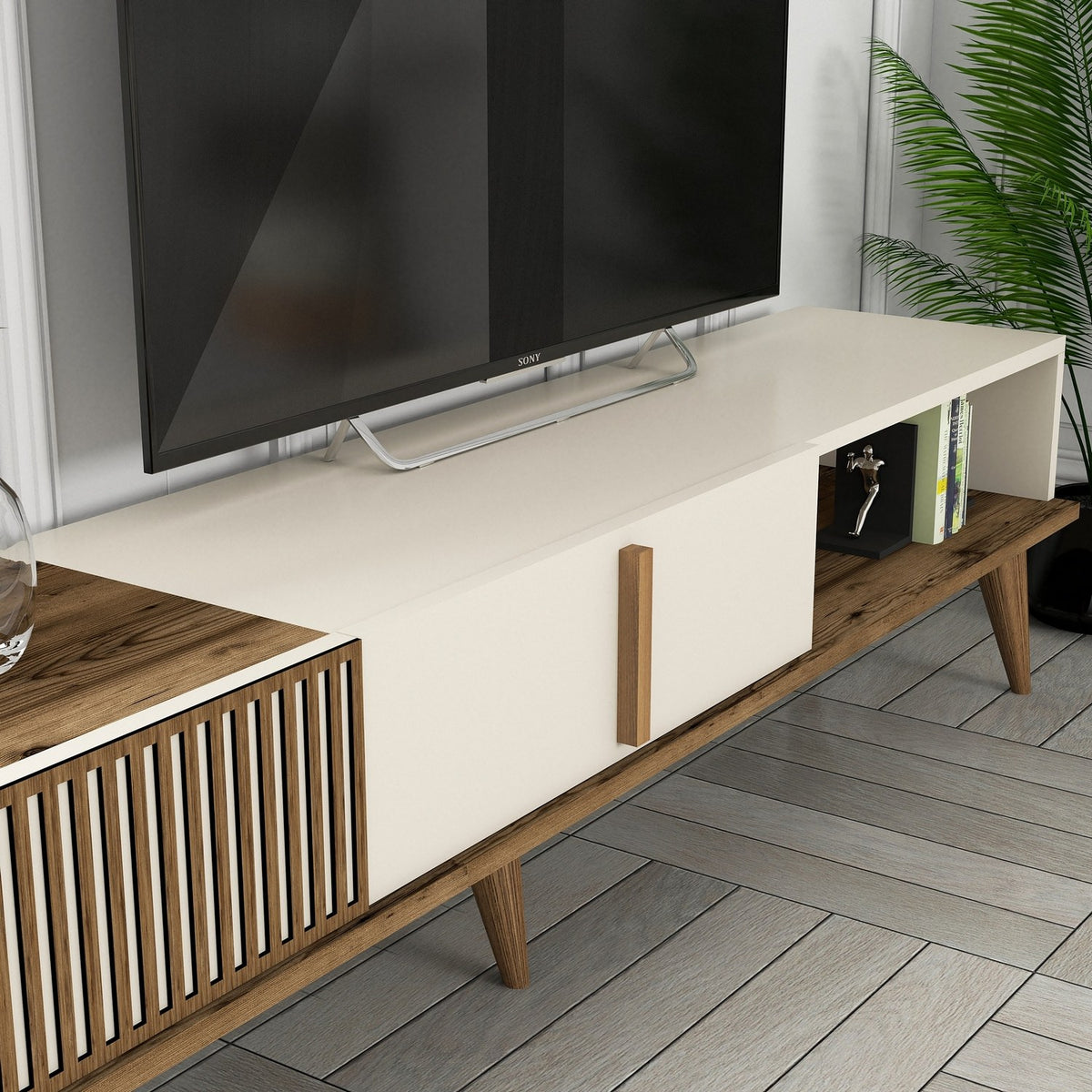 Σύνθεση Τηλεόρασης Plastira Καρυδί - Κρεμ 180x35x40 εκ. Μελαμίνης