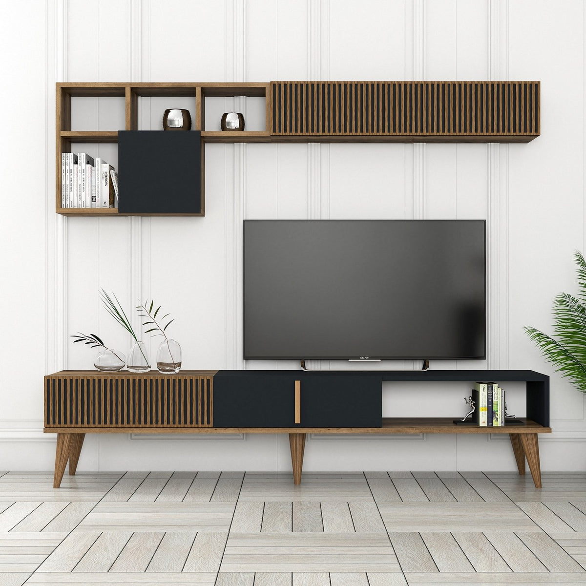 Σύνθεση Τηλεόρασης Plastira Καρυδί - Ανθρακί 180x35x40 εκ. Μελαμίνης