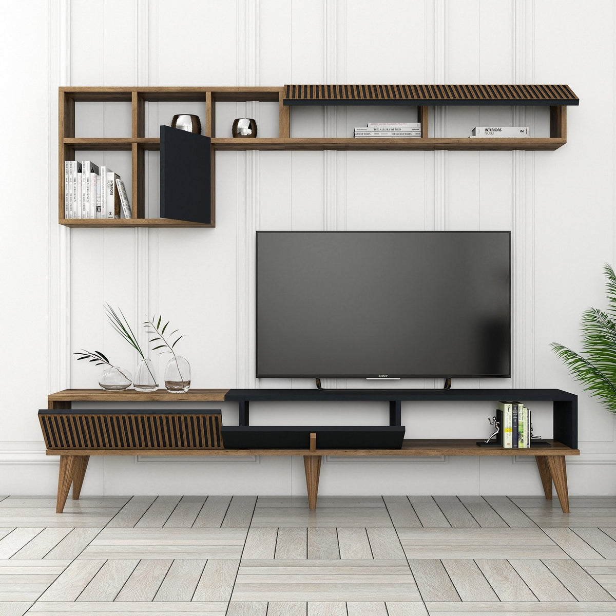 Σύνθεση Τηλεόρασης Plastira Καρυδί - Ανθρακί 180x35x40 εκ. Μελαμίνης