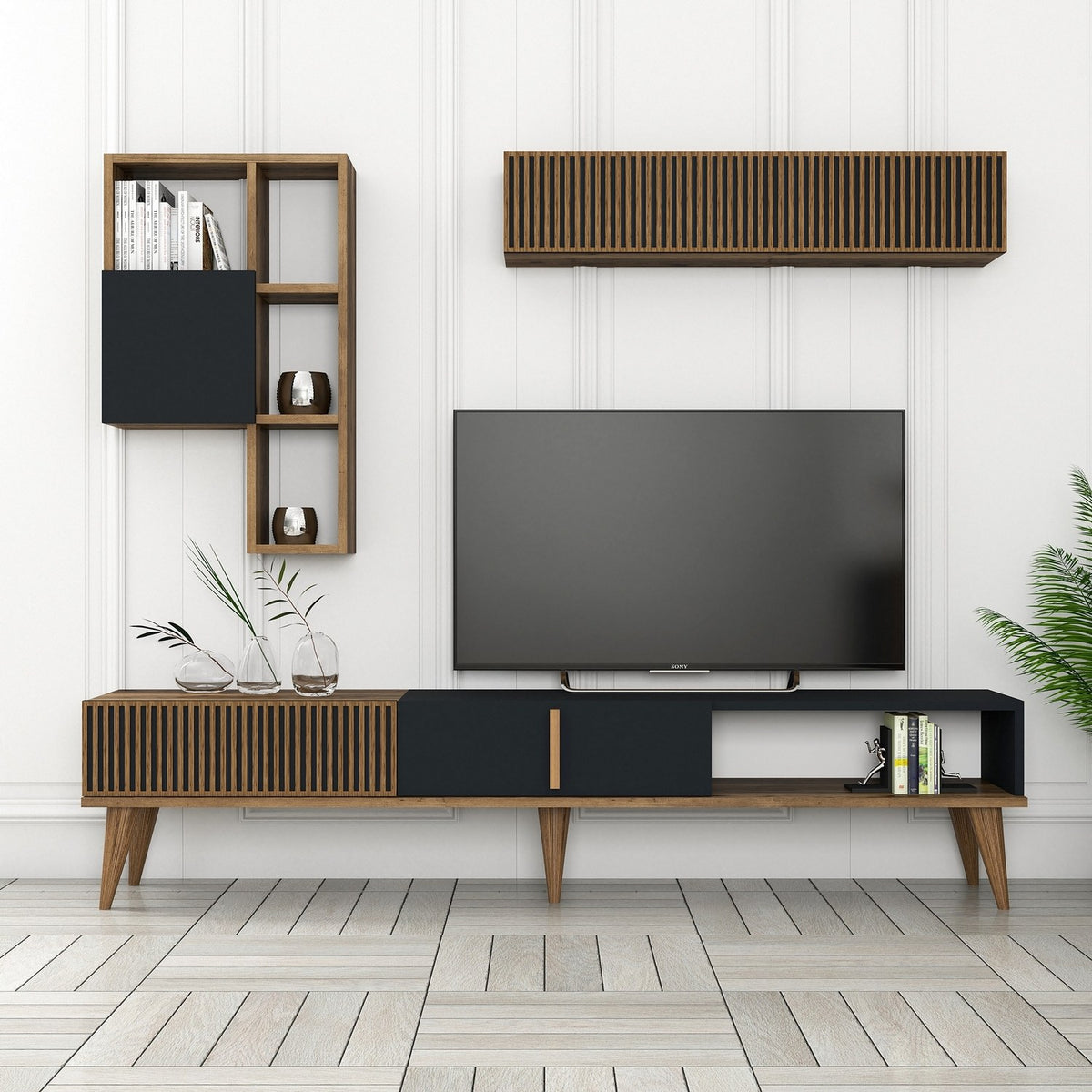 Σύνθεση Τηλεόρασης Plastira Καρυδί - Ανθρακί 180x35x40 εκ. Μελαμίνης