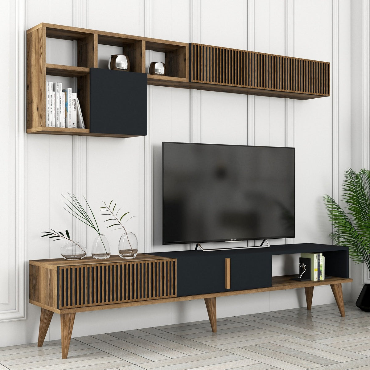 Σύνθεση Τηλεόρασης Plastira Καρυδί - Ανθρακί 180x35x40 εκ. Μελαμίνης