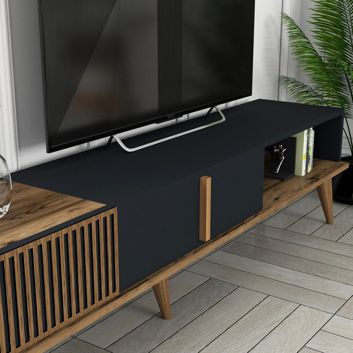 Σύνθεση Τηλεόρασης Plastira Καρυδί - Ανθρακί 180x35x40 εκ. Μελαμίνης