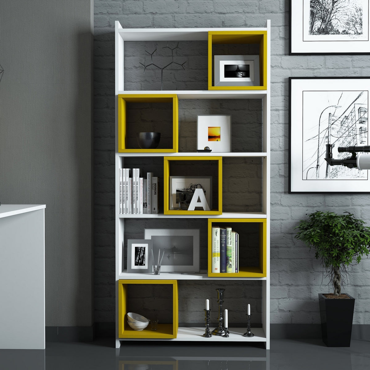 Βιβλιοθήκη Safiros Λευκό - Κίτρινο 80x22x170 εκ. Μελαμίνης - Pakobazaar
