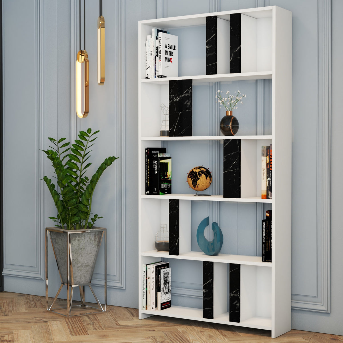 Βιβλιοθήκη Agapi Λευκό - Μαύρο Μάρμαρο 90x20x180 εκ. Μελαμίνης